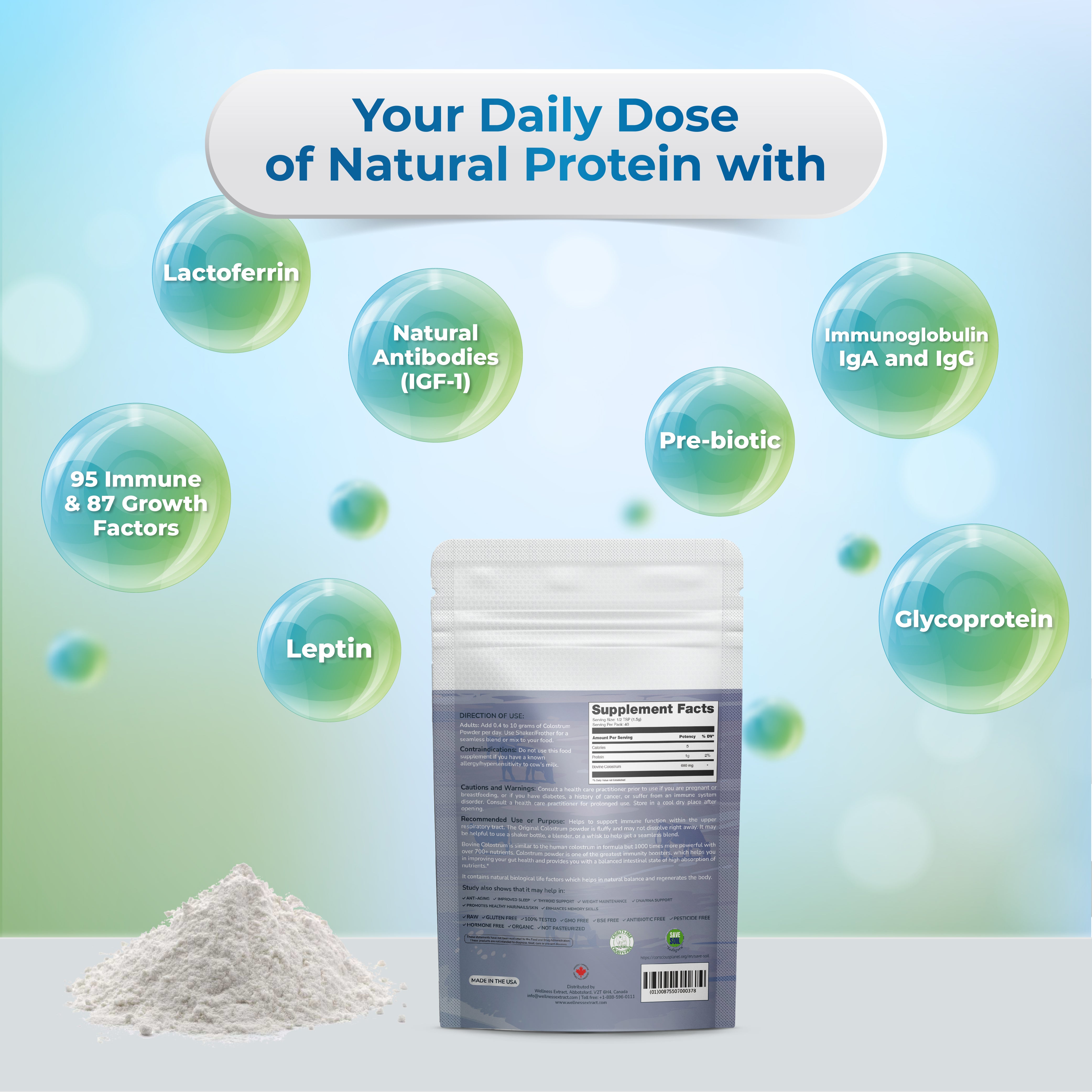 Bovine Colostrum Powder |  Lactoferrin Supplement | 100% Grass fed Cows