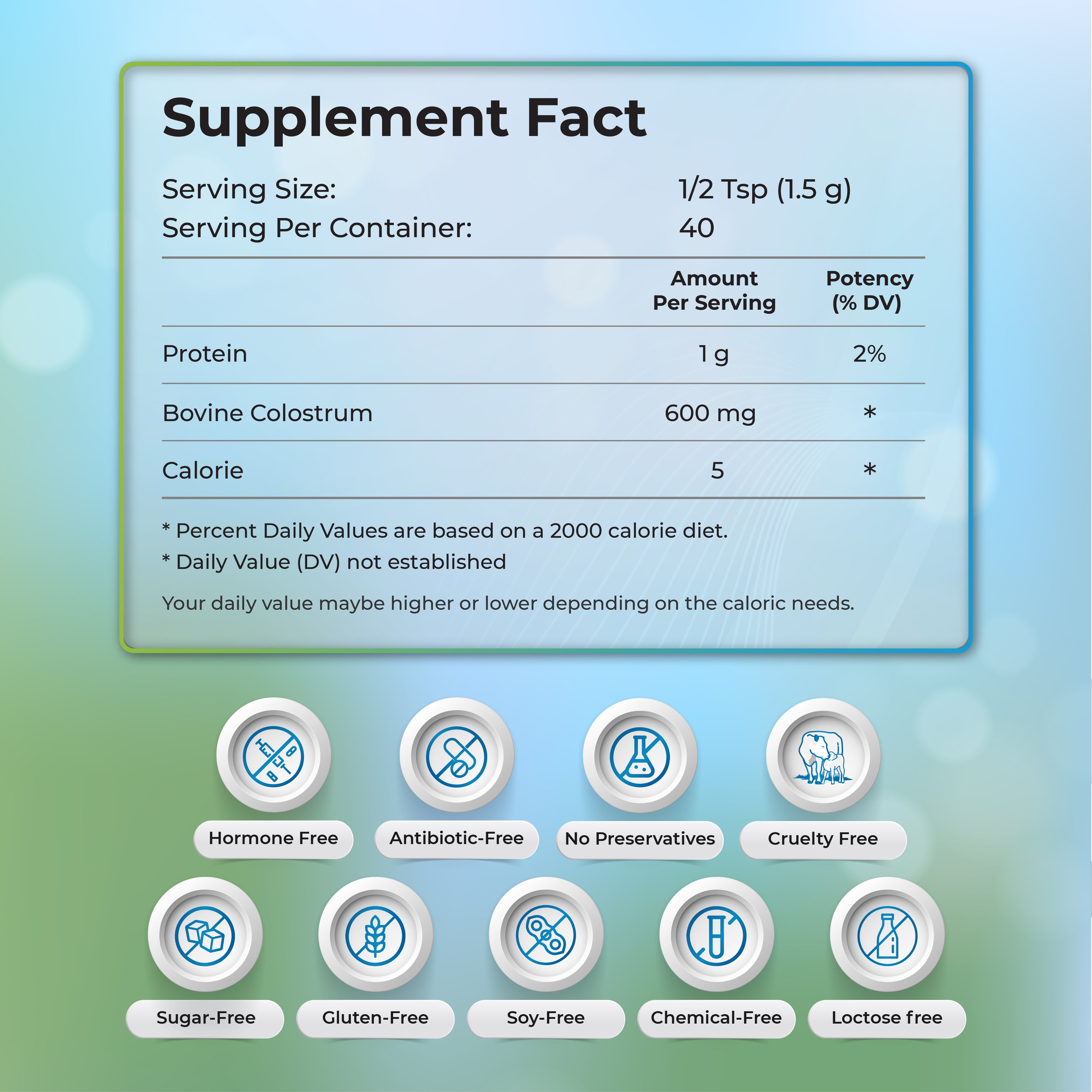 Bovine Colostrum Powder |  Lactoferrin Supplement | 100% Grass fed Cows