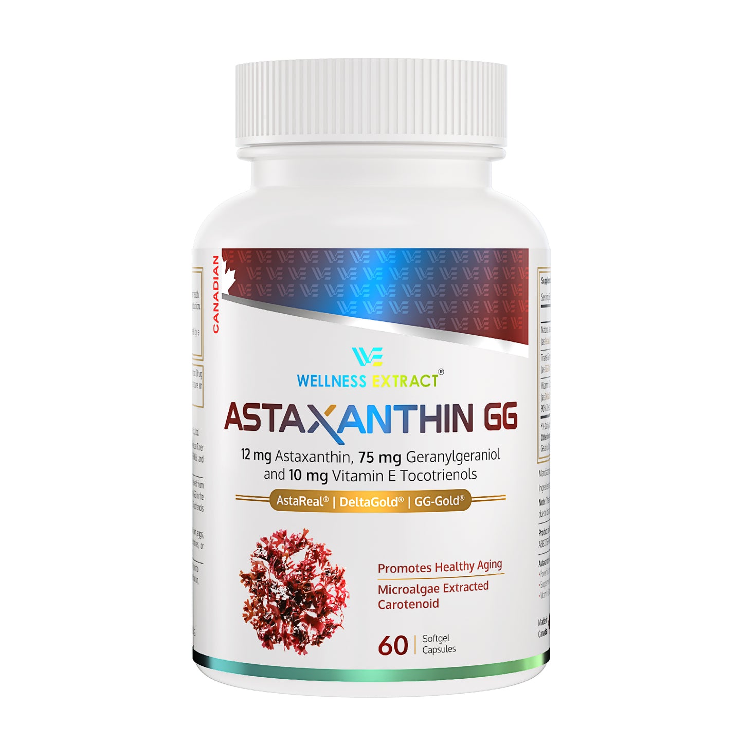 Wellness Extract Astaxanthin-GG Natural AstaREALTM Astaxanthin MicroAlgae for Eye & Skin Health | Geranylgeraniol GG-Gold® | Vitamin E Tocotrienol DeltaGold® | Healthy Aging | Antioxidant Health
