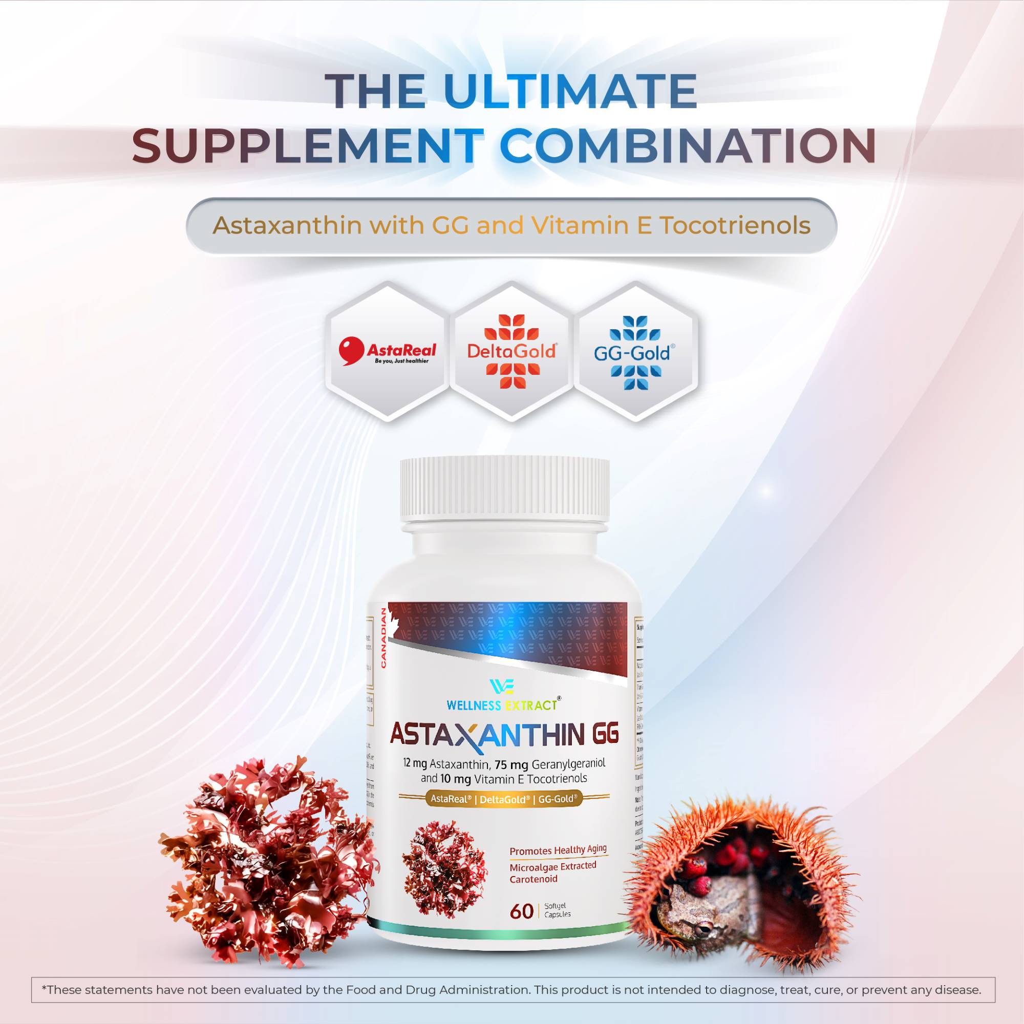 Astaxanthin AstaREAL™ 12mg + 75mg gg-Gold® + 10mg Vitamin E Tocotrienols 60 Softgels