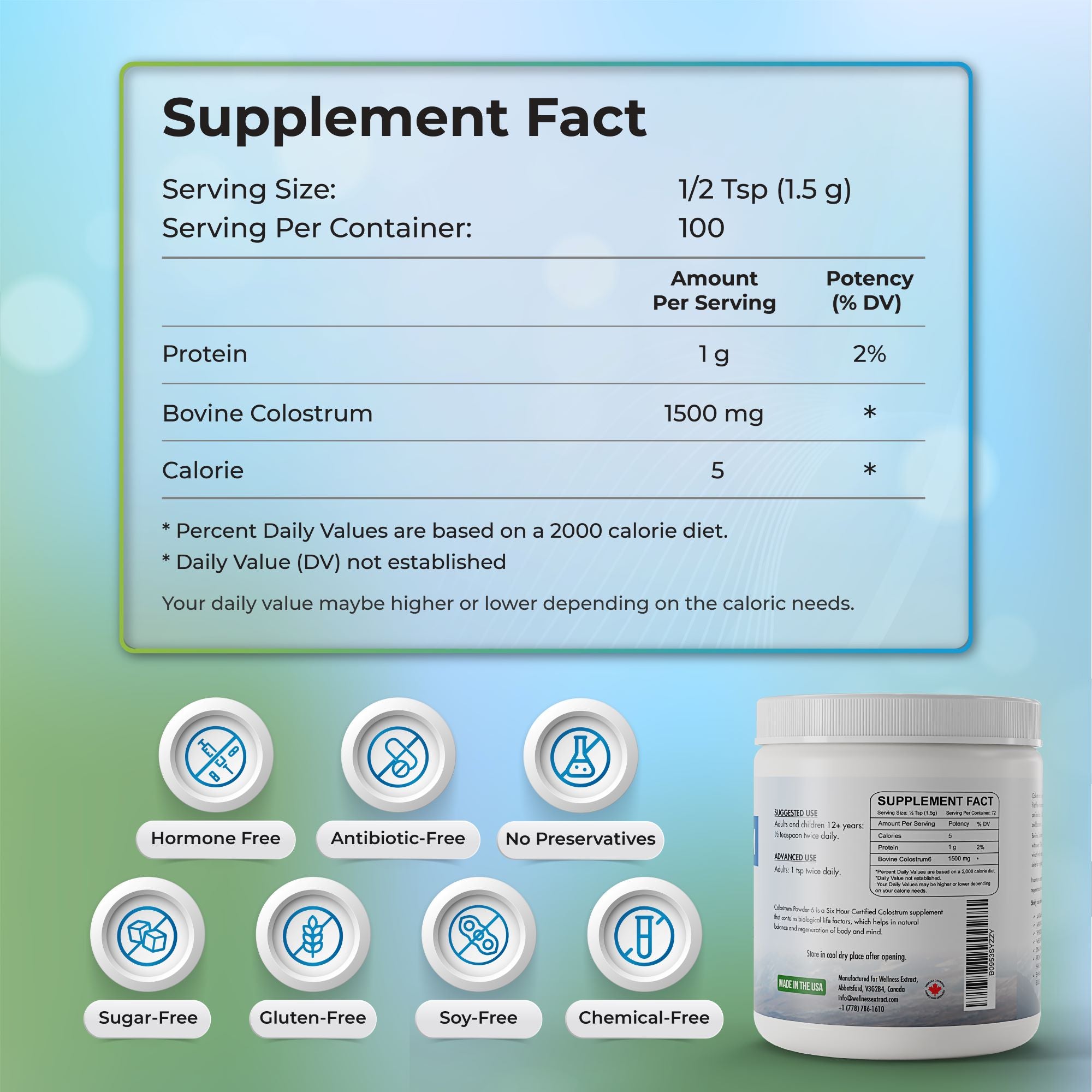 Supplement fact of bovine colostrum powder